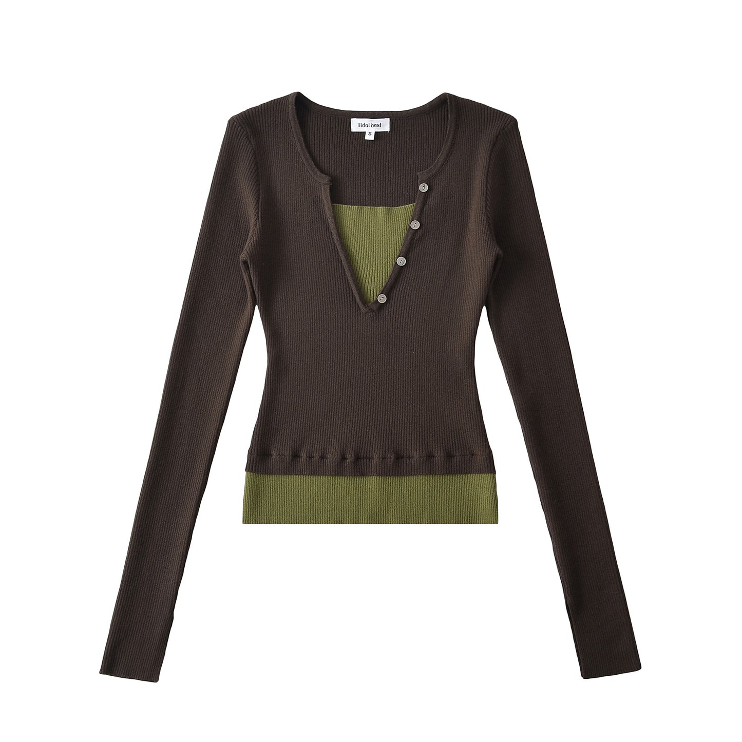 Woman wearing Color Block Boat Neck Long Sleeve T-Shirt in a casual office setting