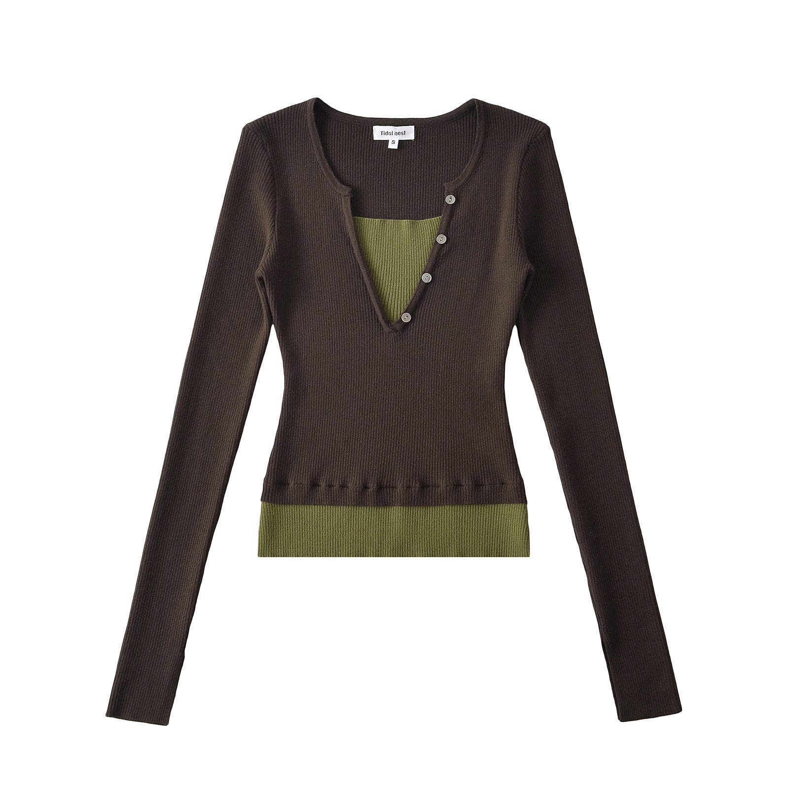 Woman wearing Color Block Boat Neck Long Sleeve T-Shirt in a casual office setting