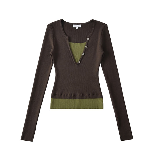 Woman wearing Color Block Boat Neck Long Sleeve T-Shirt in a casual office setting