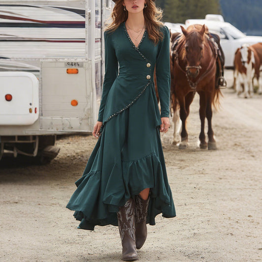 Woman wearing Green French Style V Neck Long Sleeve Dress in a garden setting