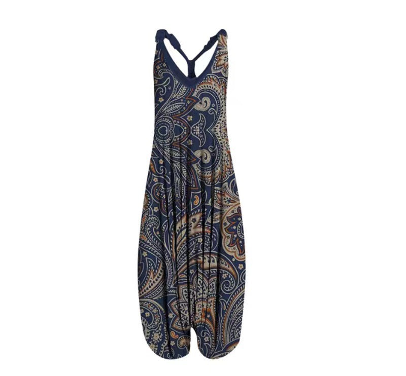 Woman wearing Printed Sleeveless Loose Knit Overalls in a city setting