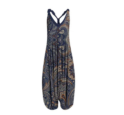 Woman wearing Printed Sleeveless Loose Knit Overalls in a city setting