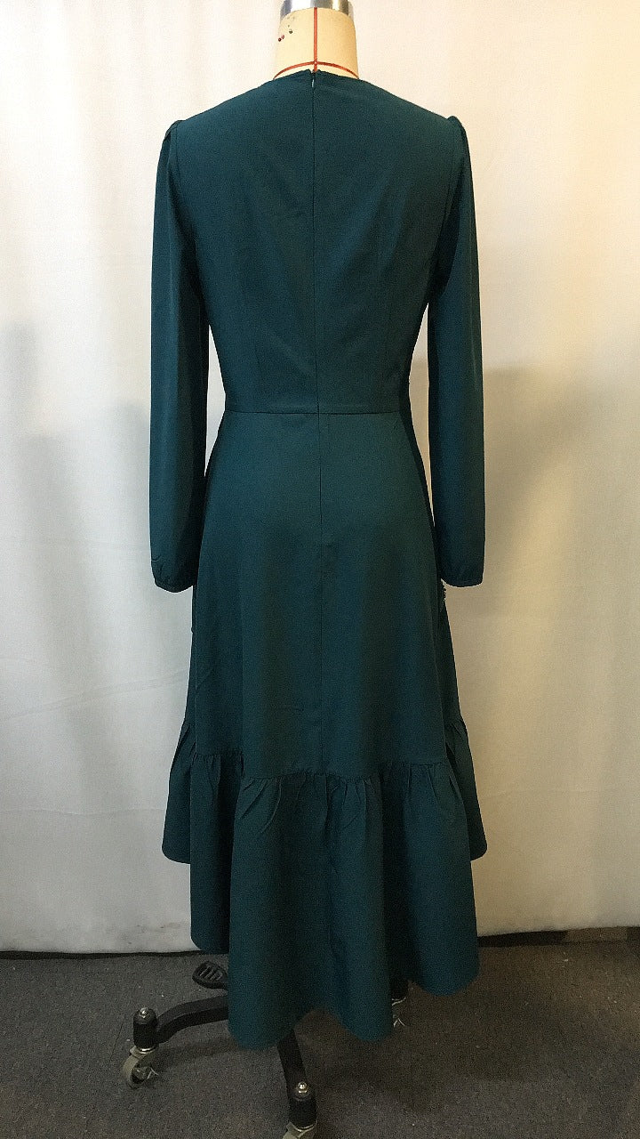 Green French Style V Neck Long Sleeve Dress | Tajstylo