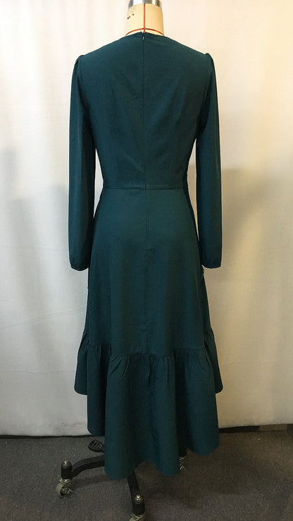 Green French Style V Neck Long Sleeve Dress | Tajstylo