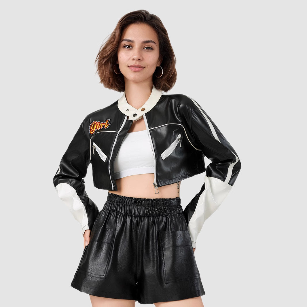 Woman wearing Color Block Leather Jacket in an urban setting