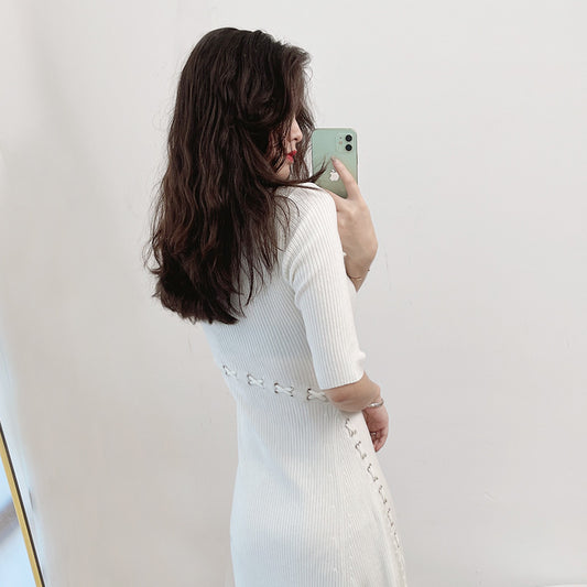 French Knitted Dress with Slit | Tajstylo