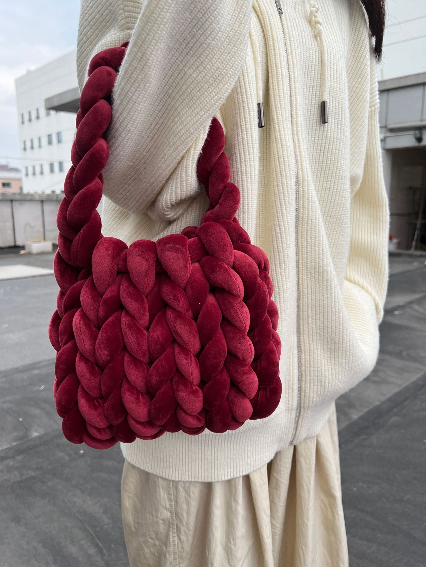 Women's DIY Hand-Woven Crystal Velvet Crossbody Shoulder Bag – Model View | TajStylo