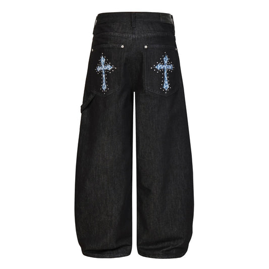 Woman wearing Women's Wide Leg Patchwork Jeans in urban street setting