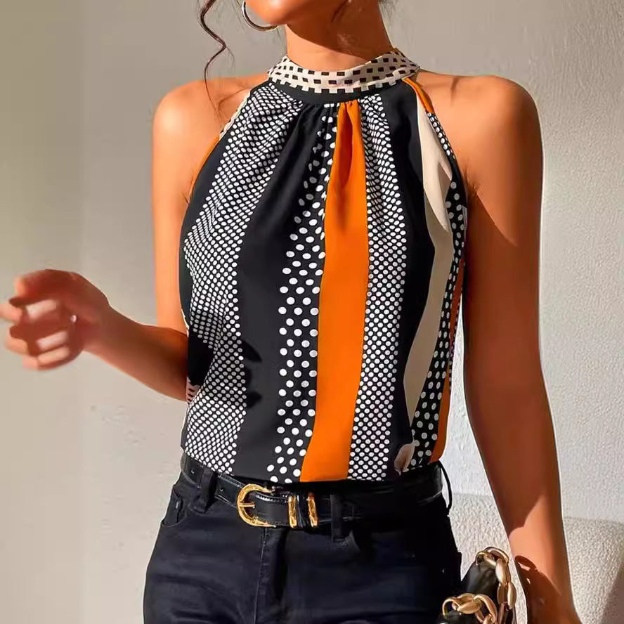 Woman wearing Printed Halter Top with Stand Collar in an urban setting