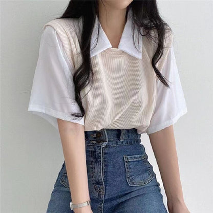 Woman wearing Two Tone Polo Neck Short Sleeve Top in a casual setting
