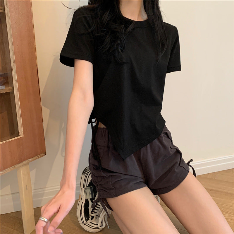 Irregular Drawstring Cropped T-Shirt | Tajstylo