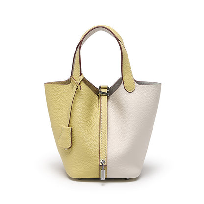 Women's Top Grain Cowhide Leather Bucket Bag – Model View | TajStylo