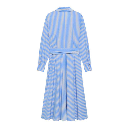 Elegant Stripe Polo Collar Long Sleeve Dress | Tajstylo