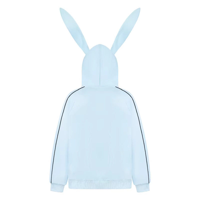 Woman wearing Embroidery Long Ear Hooded Zip-Up Hoodie in casual street setting