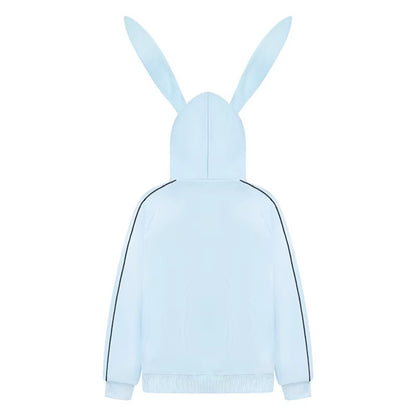 Woman wearing Embroidery Long Ear Hooded Zip-Up Hoodie in casual street setting