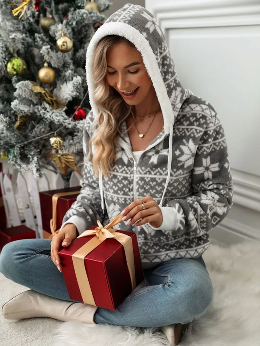 Drawstring Snowflake Zip Up Hoodie | Tajstylo