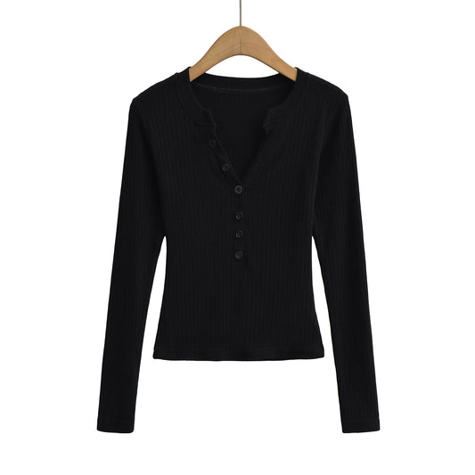 Woman wearing Women's V Neck Long Sleeve Slim Top in a casual setting