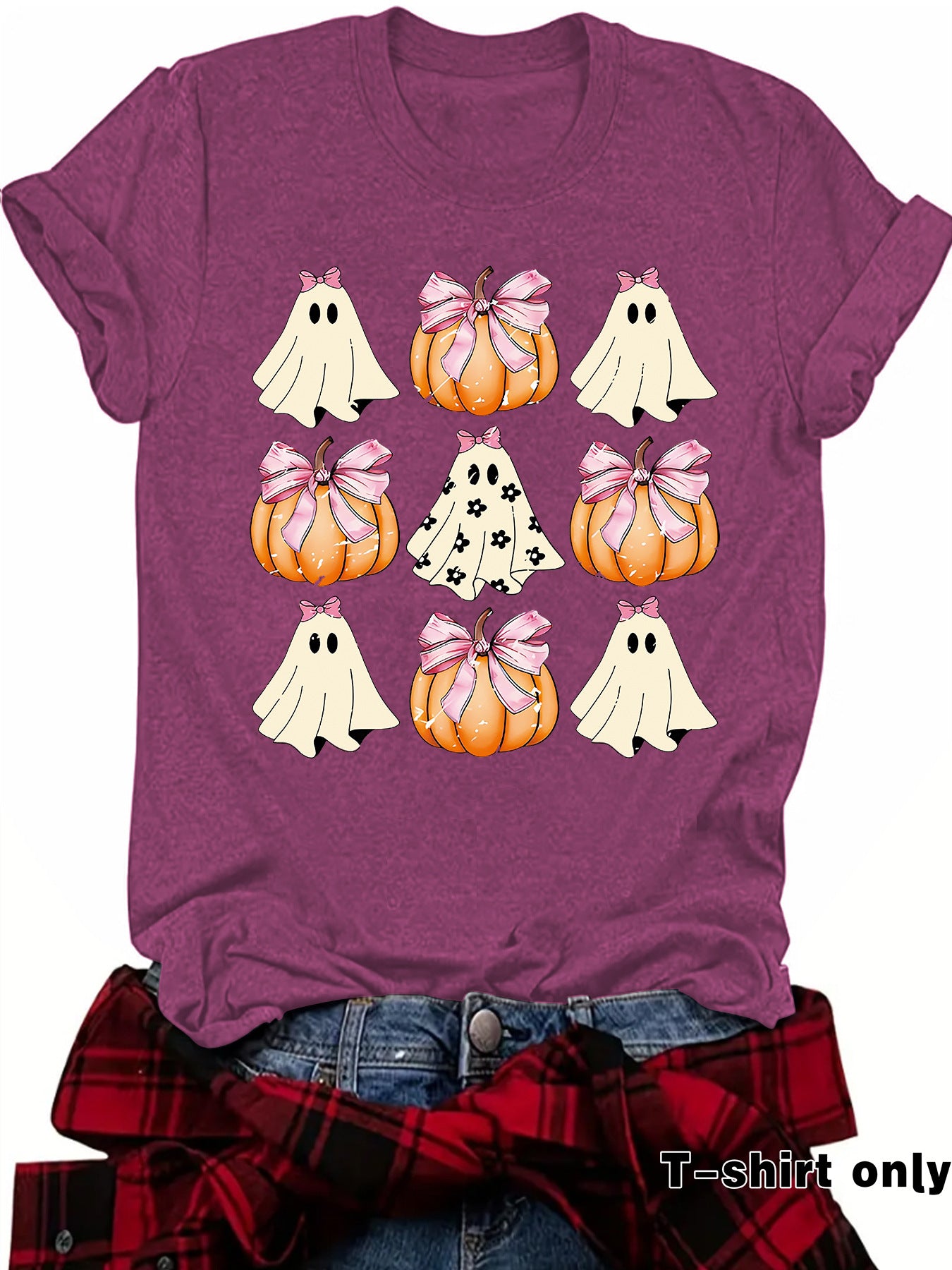 Woman wearing Funny Coquette Bow Pumpkin T-Shirt in a casual setting