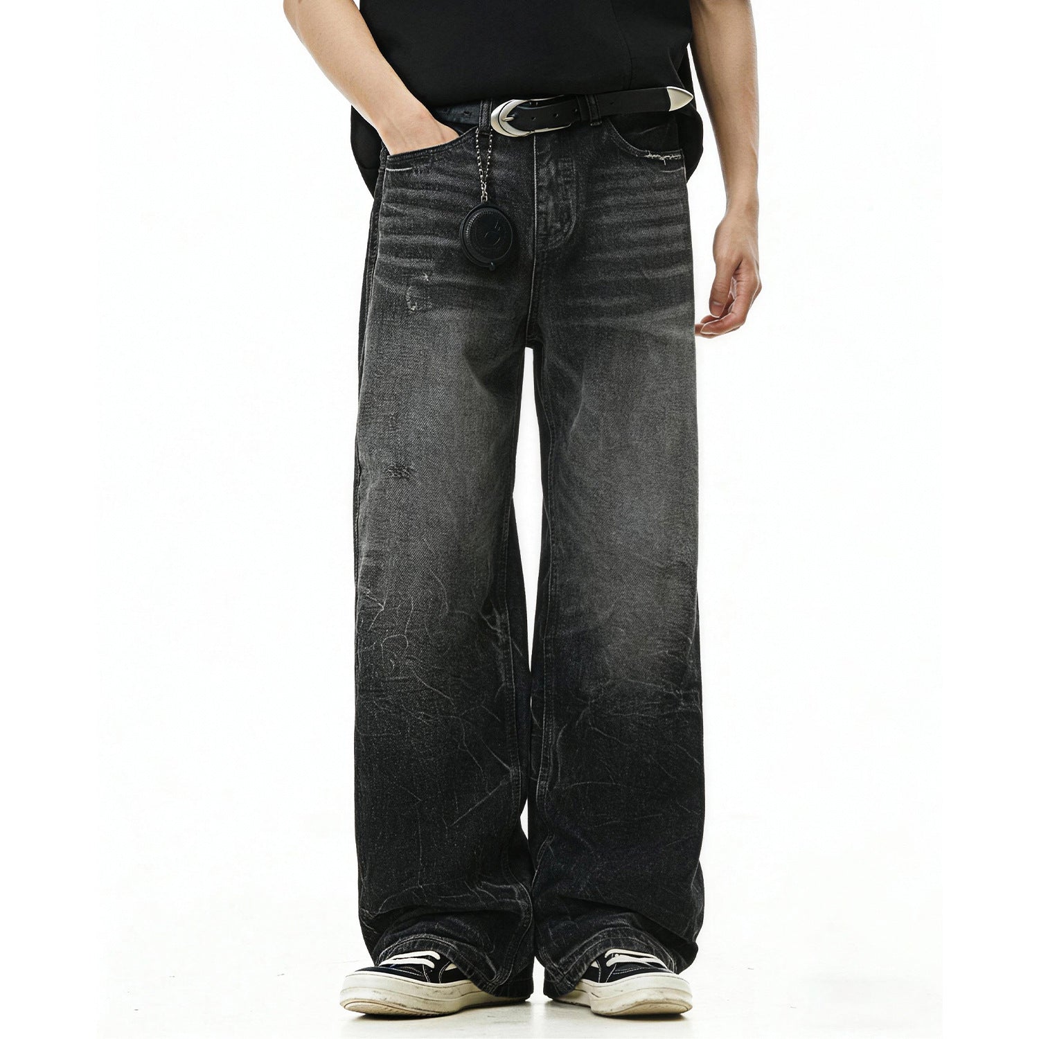 Woman wearing Lightning Pattern Distressed Fleece Jeans in a casual setting