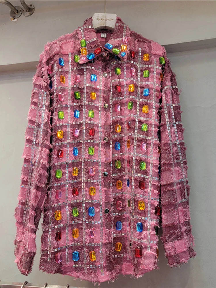 Woman wearing Colorful Studded Tassel Blouse in a casual setting