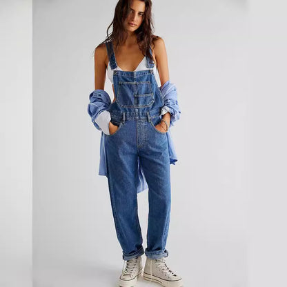 Woman wearing Strap Denim Pants in a casual setting
