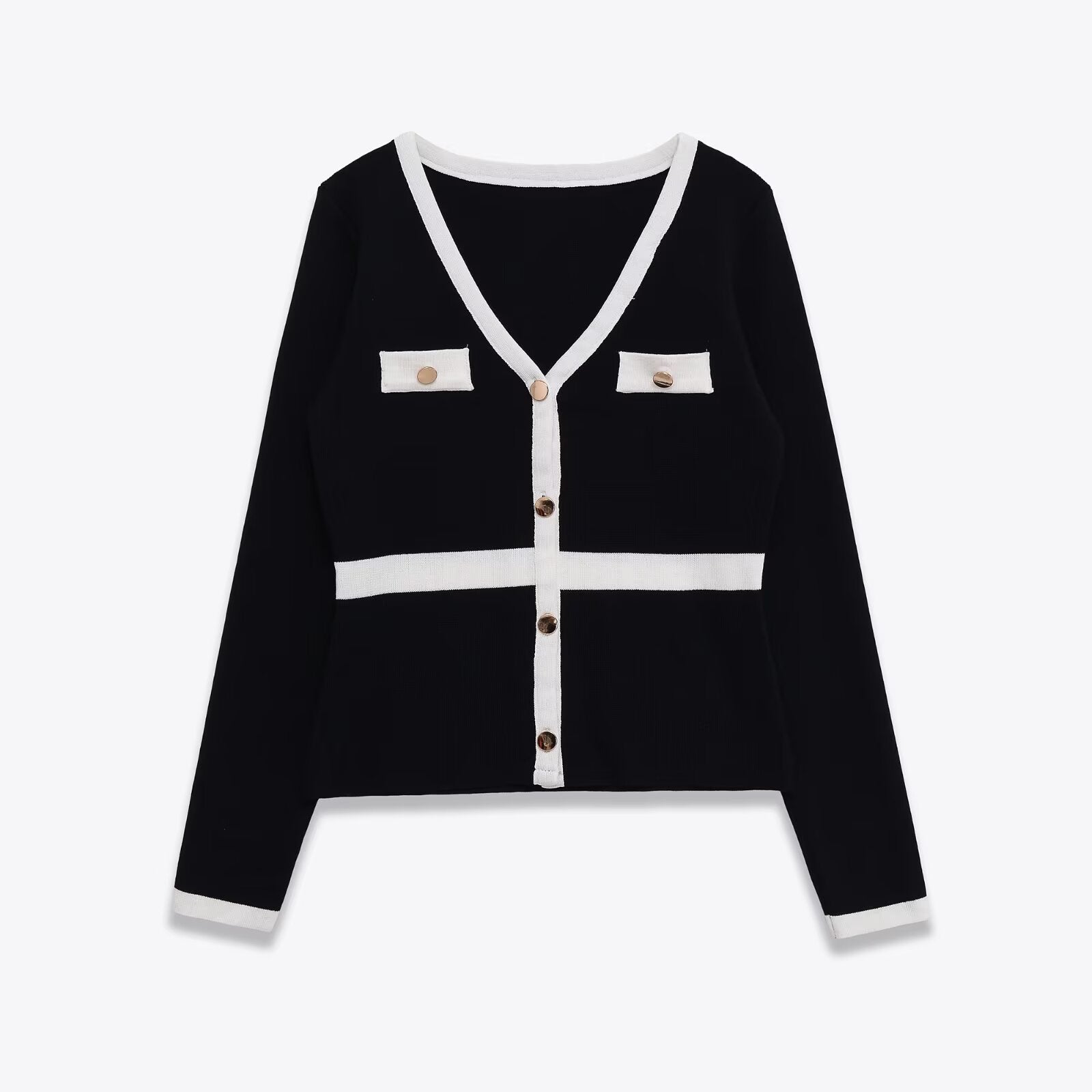 Woman wearing Color-Blocked V-Neck Cardigan Sweater in a casual setting