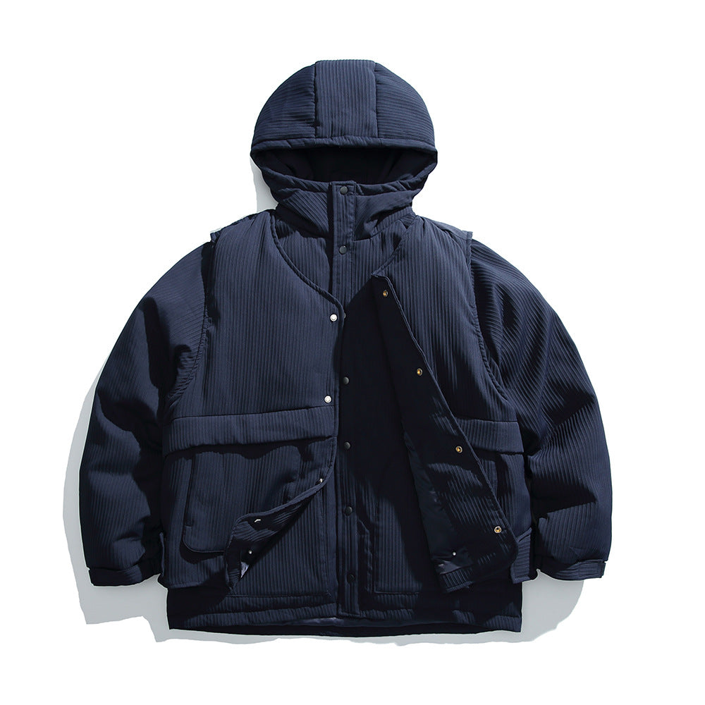 Woman wearing Two Piece Hooded Down Jacket in an urban setting