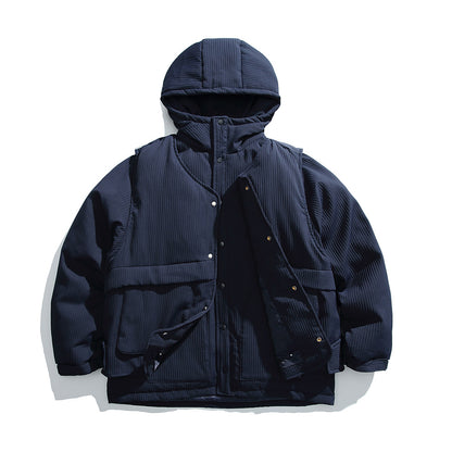 Woman wearing Two Piece Hooded Down Jacket in an urban setting