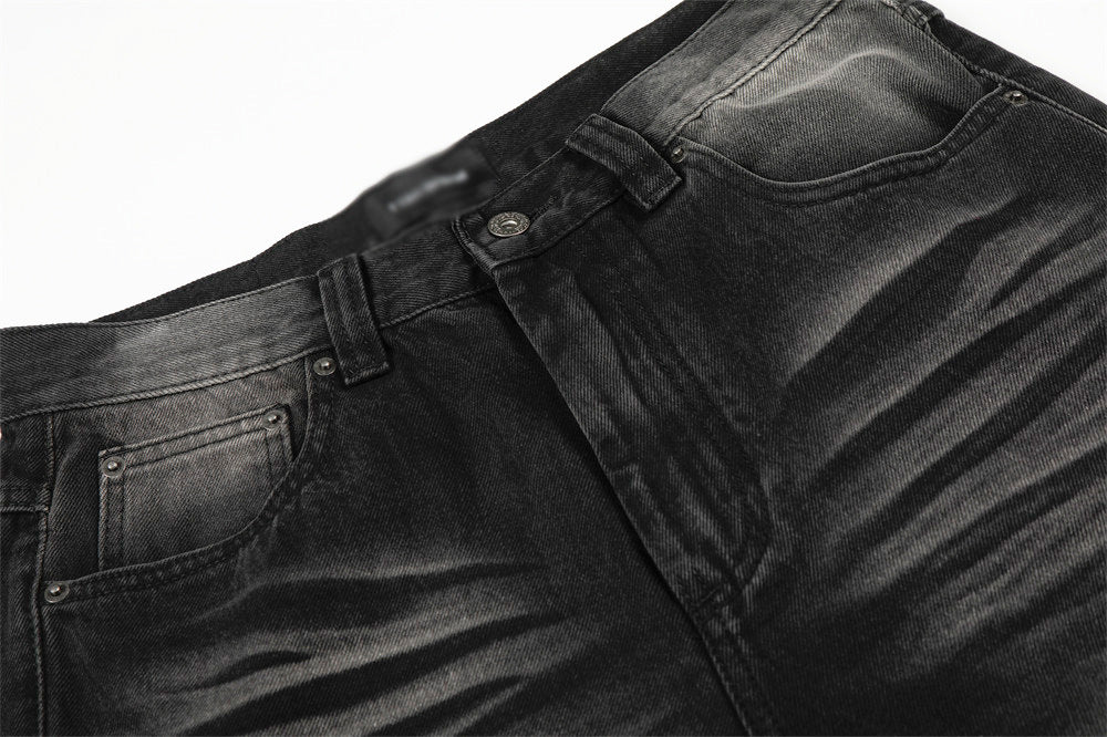 Distressed Black Washed Denim Straight Leg Pants | Tajstylo
