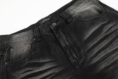 Distressed Black Washed Denim Straight Leg Pants | Tajstylo