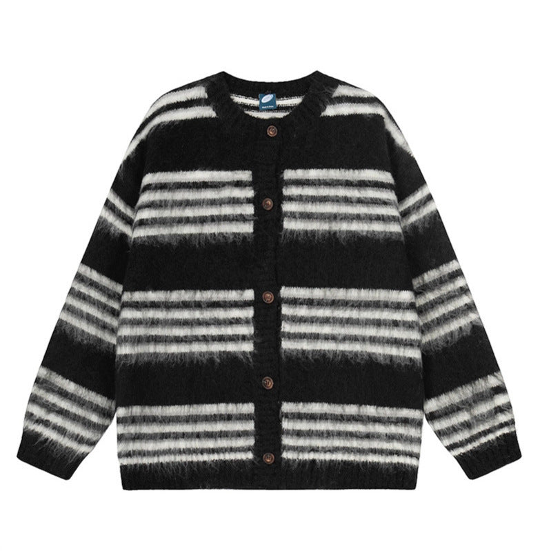 Woman wearing Striped Loose Fit Long Sleeve Cardigan Sweater in a casual setting