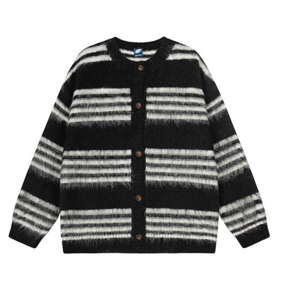 Woman wearing Striped Loose Fit Long Sleeve Cardigan Sweater in a casual setting