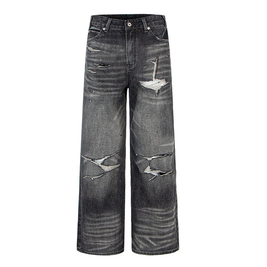 Woman wearing Distressed Vintage Combat Denim Pants in an urban setting