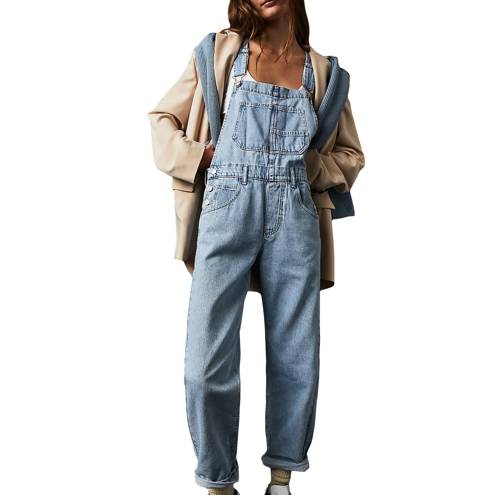 Woman wearing Strap Denim Pants in a casual setting