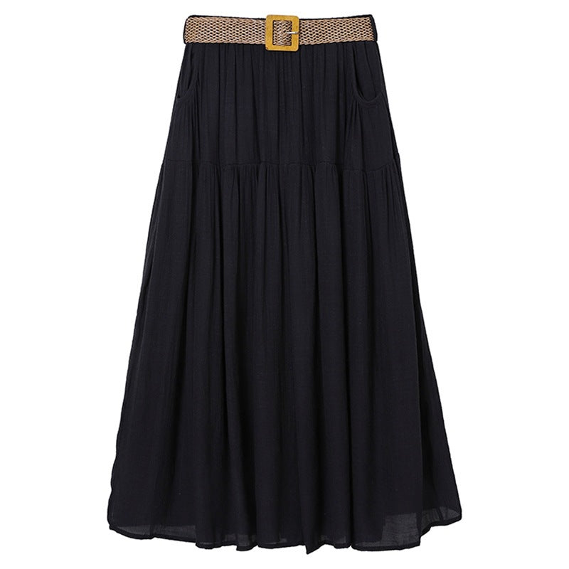Woman wearing Belt Double Pocket Skirt in a casual outdoor setting