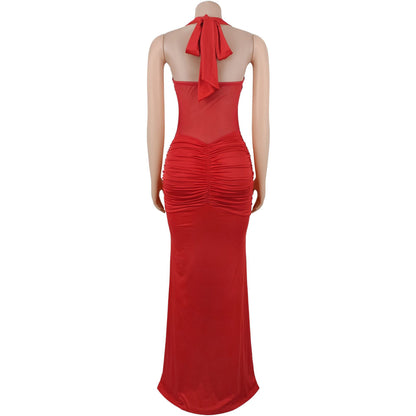 Sheer Mesh Halter Tie-Back Bodycon Dress | Tajstylo