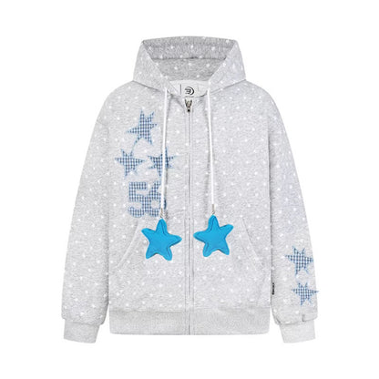 Woman wearing Geometric Print Zip-Up Hoodie in a casual urban setting