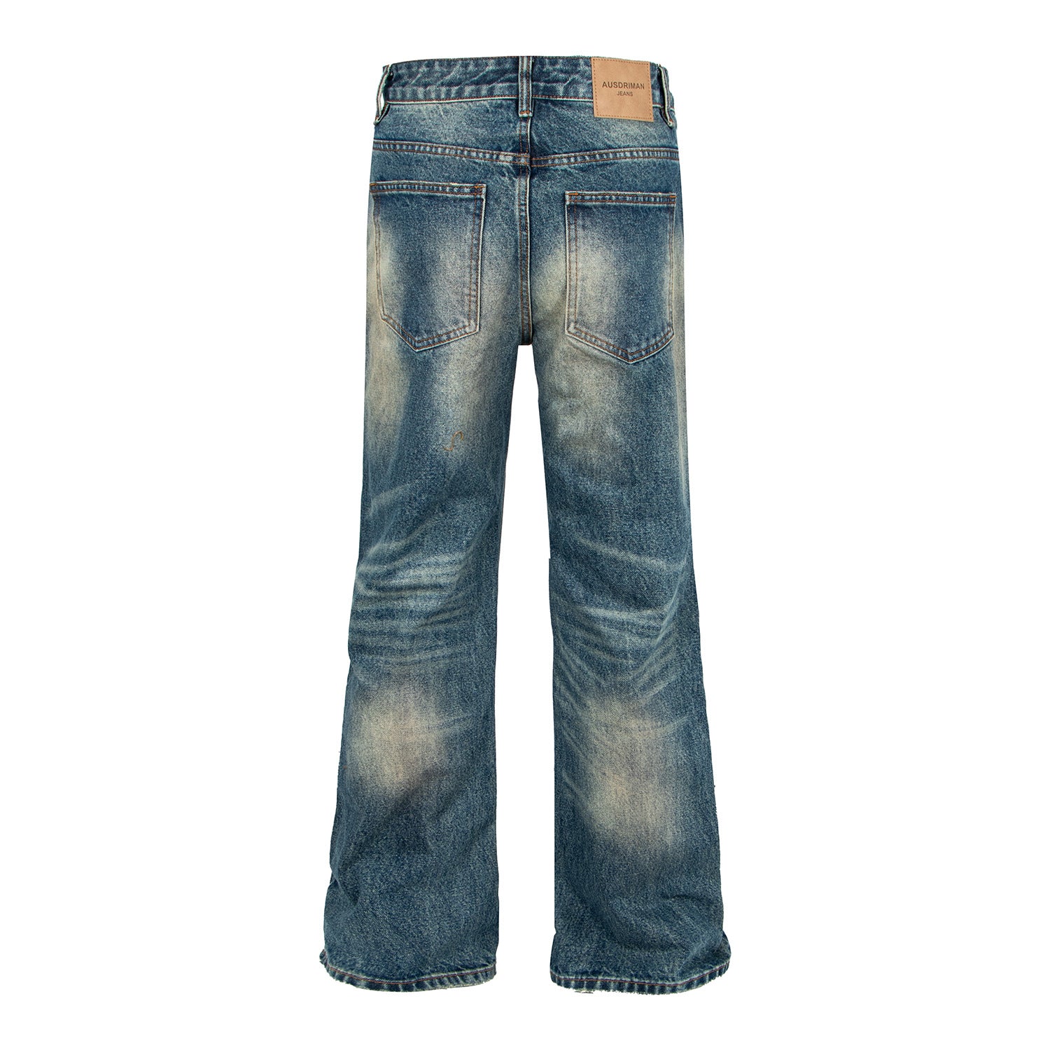 Woman wearing Distressed Deep Blue Flared Jeans in a casual setting