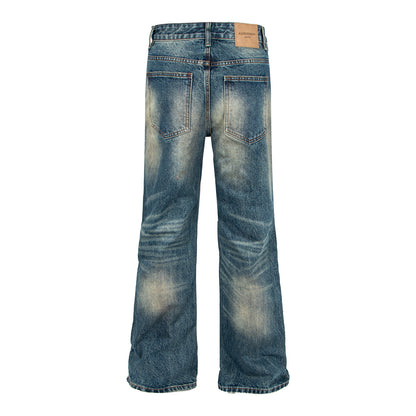 Woman wearing Distressed Deep Blue Flared Jeans in a casual setting