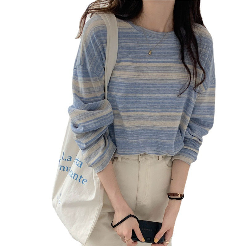 Woman wearing Casual Stripe Long Sleeve T-Shirt in a casual setting
