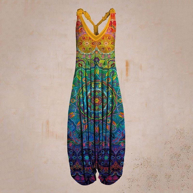 Woman wearing Printed Sleeveless Loose Knit Overalls in a city setting