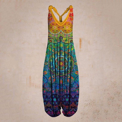 Woman wearing Printed Sleeveless Loose Knit Overalls in a city setting