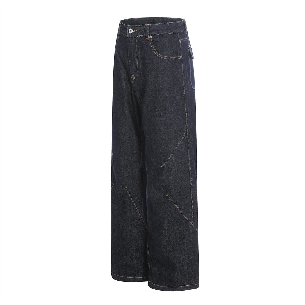 Woman wearing Original Blue Denim Straight Leg Pants in a casual outdoor setting
