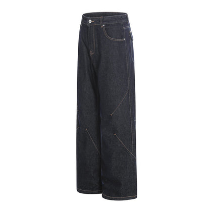 Woman wearing Original Blue Denim Straight Leg Pants in a casual outdoor setting