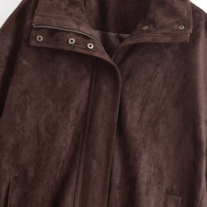 Woman wearing Women Suede Collar Jacket in autumn setting