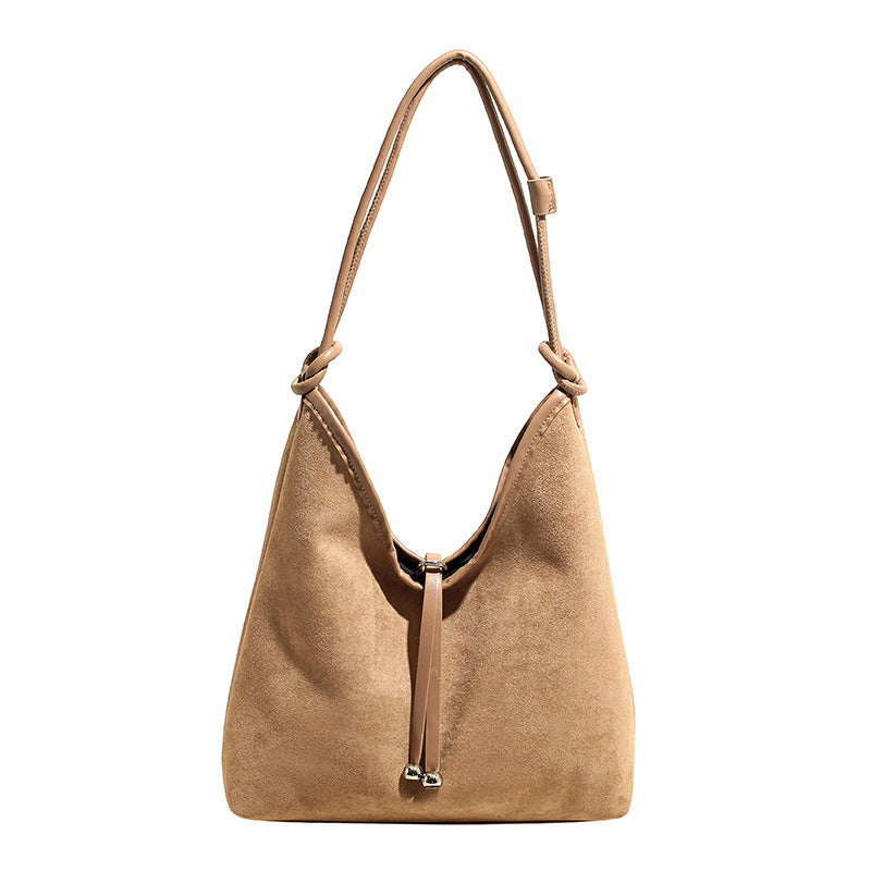 Women's Large Capacity Matte Retro PU Leather Drawstring Shoulder Tote Bag – Style View | TajStylo