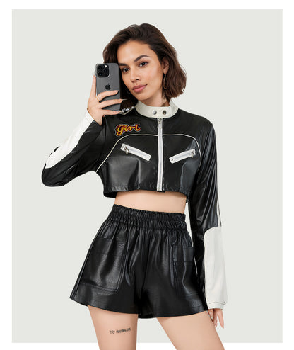 Color Block Leather Jacket | Tajstylo