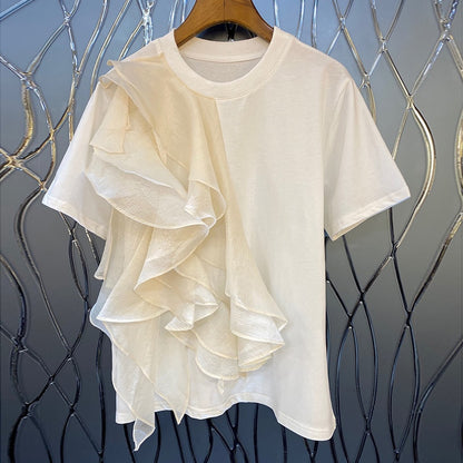 Woman wearing Patchwork Ruffle T-Shirt in a casual summer setting