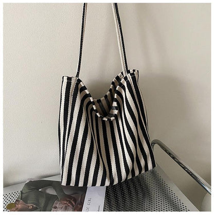 Women's Minimalist Stripe Canvas Large Capacity Shoulder Tote Bag – Detail View | TajStylo