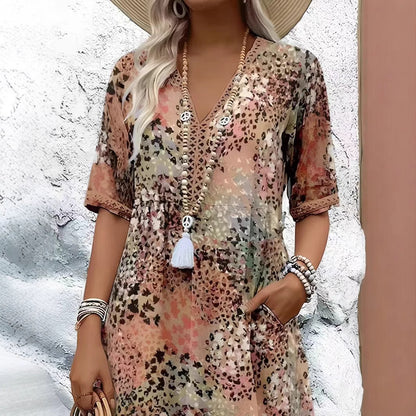 Woman wearing Color Blocked Lace Trim V Neck Short Sleeve Dress in a sunny outdoor setting